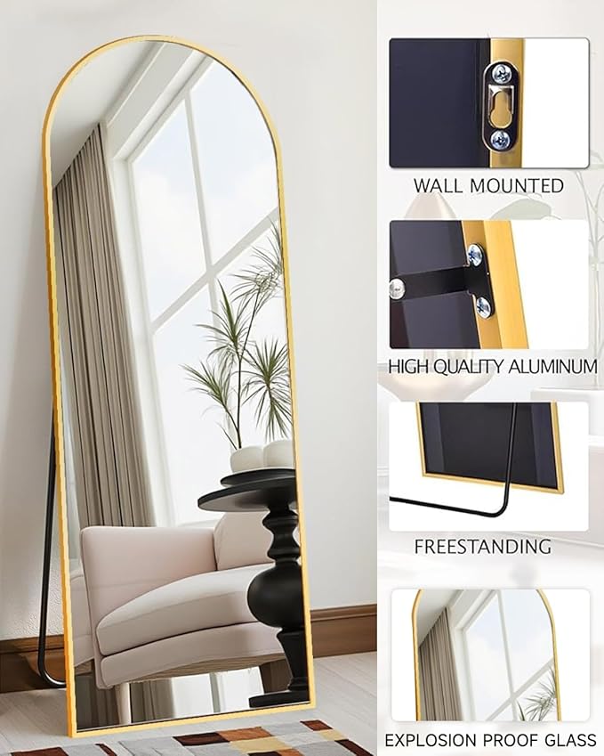 NEARBYSD 58"x18" Arched Full Length Mirror, Floor Mirror With Stand, Freestanding,Wall Mounted Hanging or Leaning Arched-Top Full Body Mirror for Bedroom, Dressing Room -Gold