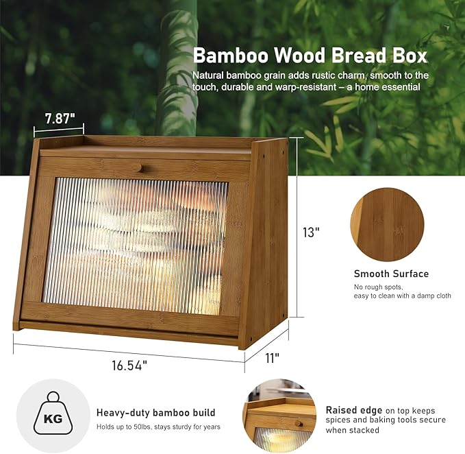 kiplant Large Bread Box for Kitchen Counter, Brown Bamboo Bread Storage Container with Wavy Arcylic Transparent Door, Bamboo Wooden Farmhouse Bread Box for Your House