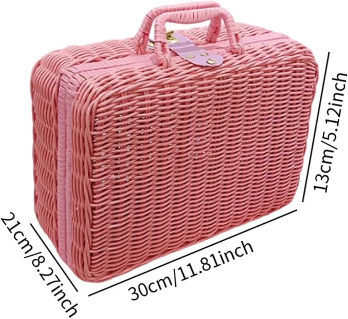 Woven Suitcase Imitation Rattan Storage Basket Portable Photo Prop Makeup Case Picnic Basket for Tabletop Bathroom Household, Pink L