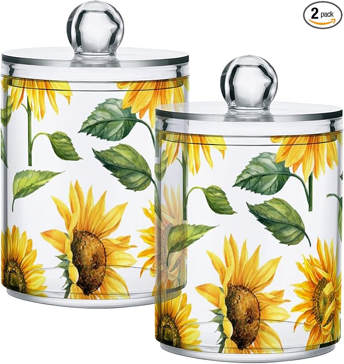 2 Pack Qtip Holder Dispenser for Cotton Ball Yellow Sunflower Cotton Swab Cotton Round Pads Clear Plastic Acrylic Jar Set Bathroom Canister