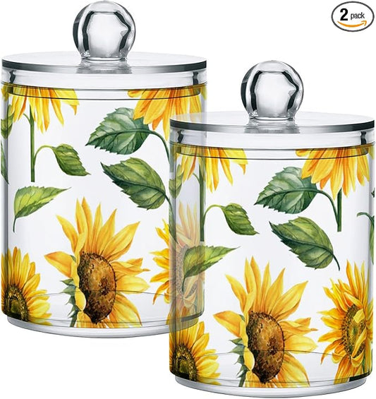 2 Pack Qtip Holder Dispenser for Cotton Ball Yellow Sunflower Cotton Swab Cotton Round Pads Clear Plastic Acrylic Jar Set Bathroom Canister