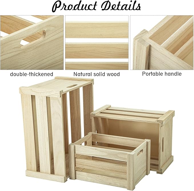 Wooden Crate,Large Nesting Wood Crates with Handles , Decorative Hand Crafted Box Rustic boxes Storage Container for Display, Decor, 2 Side Wooden Clauses. Baskets-Burlywood，Set of 3