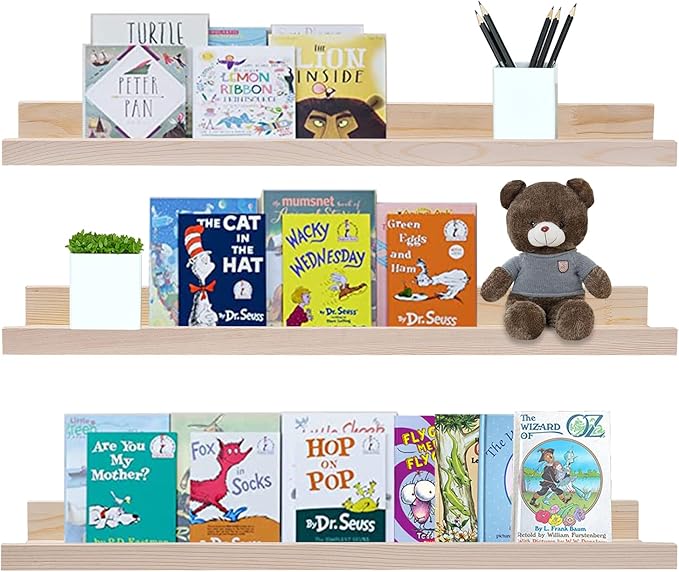 AZSKY 24 Inch Picture Ledge Floating Shelves Set of 3, Solid Wood Wall Mounted Photo Shelf & Nursery Bookshelf for Bedroom, Living Room, Kitchen, Bathroom Decor & Storage- Display Frames, Plants