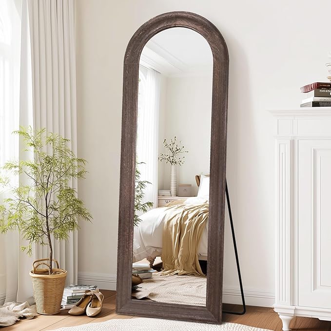 Solid Wood Full Length Mirror - 65"x22" Arched Floor Mirror, Free Standing & Wall Mounted - Elegant Design for Bedroom, Dressing Room, Hallway, Brown
