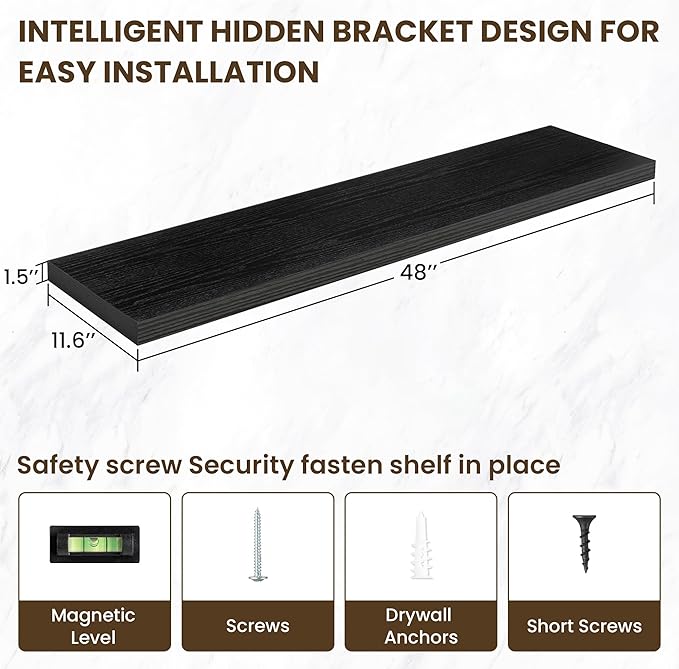 Acovy 48 Inch Floating Shelves, 12 Inch Deep Floating Shelves for Wall, Floating Shelf with Invisible Brackets, Deep Shelves for Bathroom, Bedroom, Living Room, 1 Pack, Black