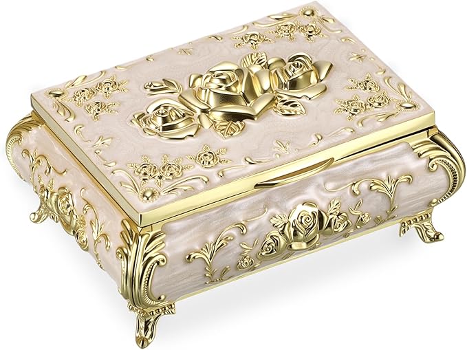 Hipiwe Vintage Jewelry Box Metal Trinket Chest Treasure Display Case for Rings Earrings Organizer Rectangular Decorative Keepsake Storage Box, Small