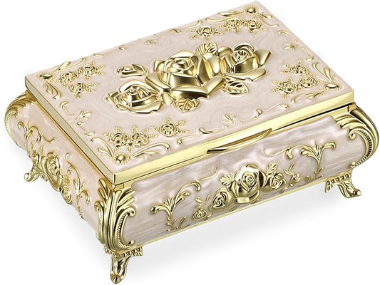 Hipiwe Vintage Jewelry Box Metal Trinket Chest Treasure Display Case for Rings Earrings Organizer Rectangular Decorative Keepsake Storage Box, Small