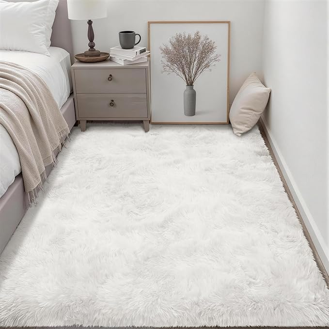 Fluffy 5x7 Area Rugs for Living Room Bedroom: Ultra Soft Shag Rug Non-Slip Non-Shedding Small Plush Bedside Rug Indoor Floor Carpets for Kids Room Playroom Entryway Nursery Dorms Home Decor Ivory