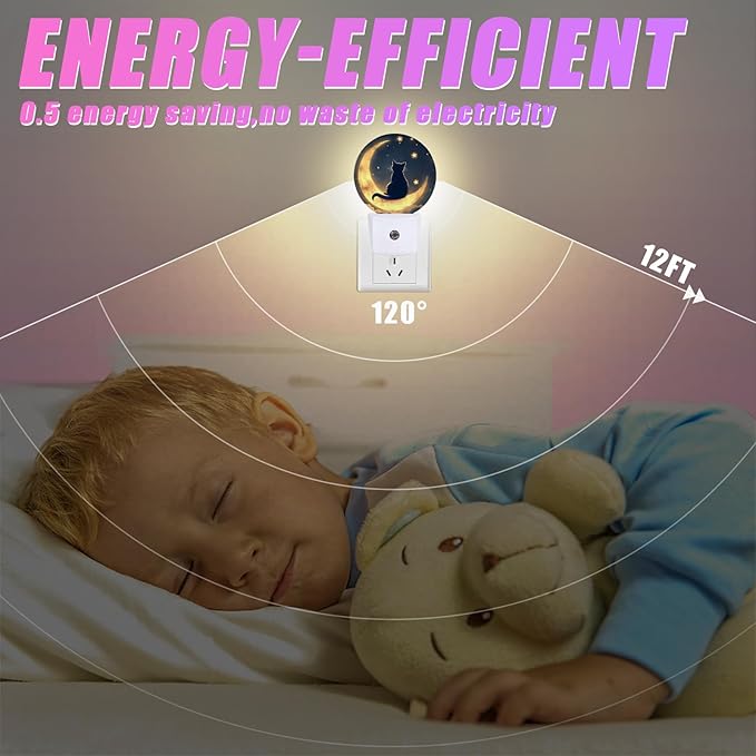 Cat Moon Night Light Starry Sky Night Lights LED Lamp Round Plug into Wall Nightlight with Dusk to Dawn Sensor Home Hallway Stairway Kitchen Decor