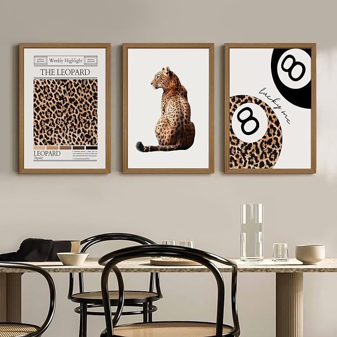 Trendy Leopard Wall Art Cheetah Print Canvas Wall Decor 8 Ball Poster Preppy Room Aesthetic Pictures Funky Coquette Vintage Prints Y2k Fashion Lucky Posters for Bedroom 12x16x3 Inch Framed