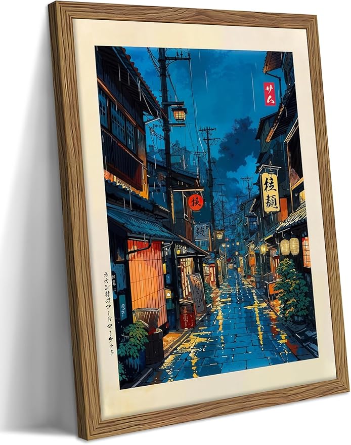 Framed Japanese Wall Art, Asian Tokyo Tea House Canvas Wall Decor Painting, Cool Japanese Night Posters Prints Pictures for Bedroom Living Room Bathroom Home Decor 12x16 Inch