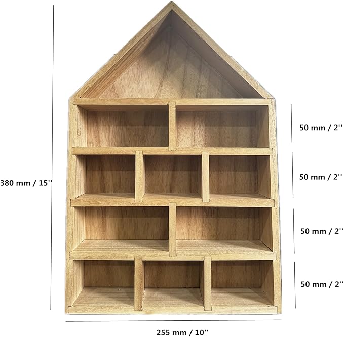 TANG SONG 1 PC 11-Slot Wooden House-Shaped Mini Figures Cubby Box Display Shelf Organizer Storage Box (Light Brown)