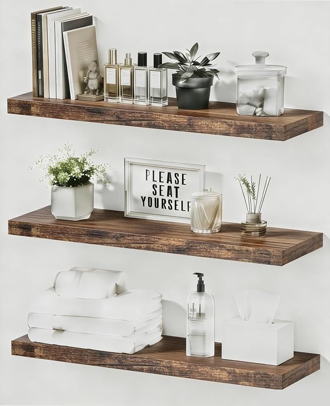 Easy Install Floating Shelves, 15.7 Inch Wall Mounted Wooden Shelf, Small Hanging Shelf for Home Decor, Books and Storage, Organizer for Bedroom, Bathroom, Kitchen, Set of 3, Vintage Brown