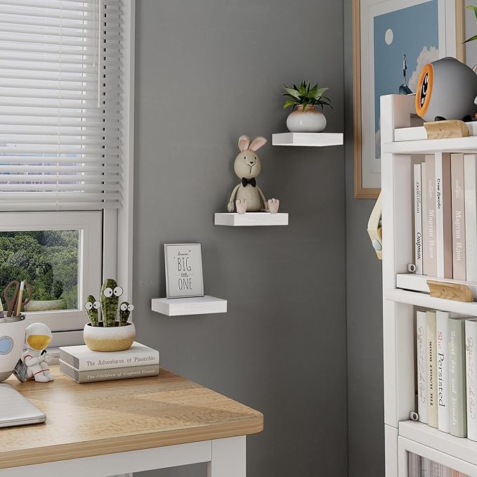 PopiShelves Small Floating Shelves for Wall - 6 Inch Mini Square White Shelves for Bedroom, Living Room, Bathroom, Kitchen, Office Decor Set of 3