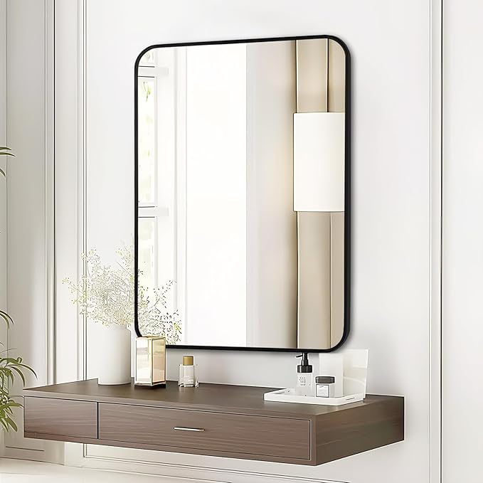 Fabuday Black Bathroom Mirror for Over Sink - 22x30 Matte Metal Framed Wall Mirror, Rounded Rectangular Vanity Mirrors for Living Room, Bedroom, Entryway, Hallway, Horizontally/Vertically
