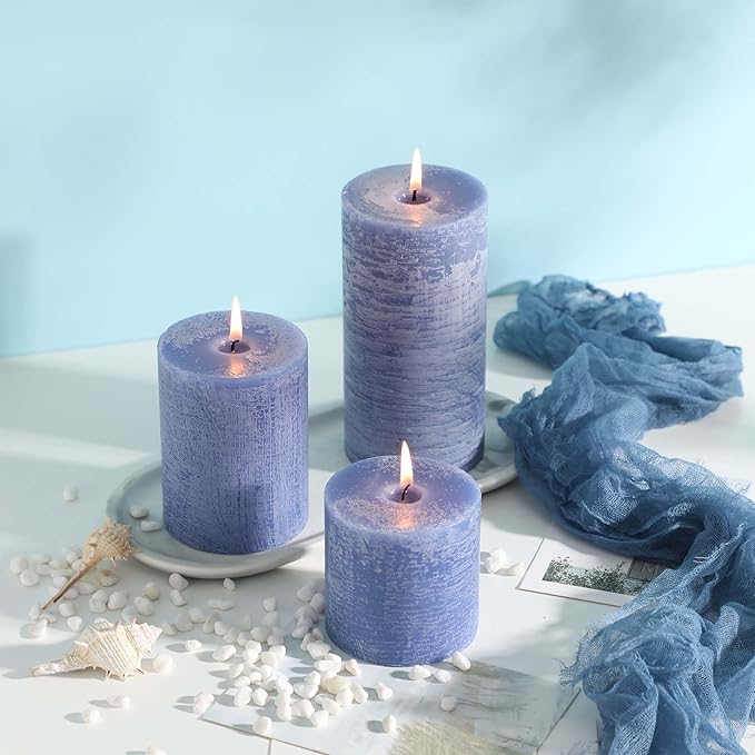 3x4 Inch Blue Pillar Candles Set of 3 - Hand-Poured Unscented Candles, Long Clean Burning, Large Big Candle, Smokeless Dripless Candle for Dinner Table, Wedding, Home, Bathroom, Rustic Decor