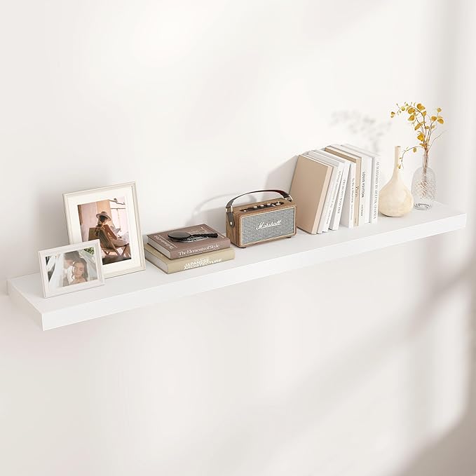 Venusmiles Floating Shelves for Wall, Engineered Wood Wall Shelves with Invisible Brackets for Living Room Bedroom Bathroom Office Kitchen Decor and Storage (White, 55" W x 9" D x 1.5" H) Set of 1