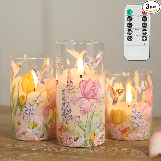 LUSHARBOR Flameless Candles with Remote, Battery Operated Glass Candles Hummingbird Flickering LED Electric Pillar Candles Real Wax Floral Christmas Decor Set of 3
