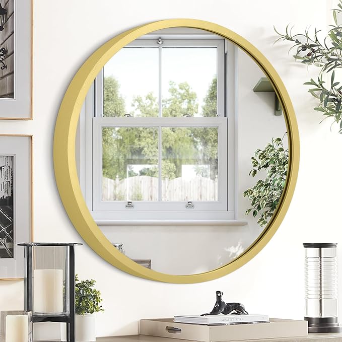 JJUUYOU Round Wall Mirror Decorative Circular Mirror for Bathroom Small Aqua Gold Decor Circle for Wall Metal Framed Make up Farmhouse Living Room Bedroom Dorm 16Inch