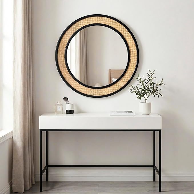 Round Rattan Mirror, 30" Circle Wall Mirror, Farmhouse Wooden Vanity Mirror with Handmade Wicker Frame, Decorative Boho Mirror for Nursery Bedroom Living Room Entryway Black