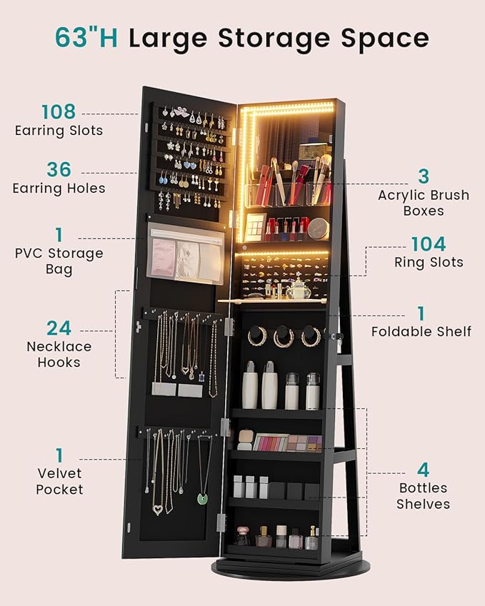 Vlskra Full Length Mirror with Storage, Lockable Jewelry Mirror Cabinet, Large Standing Jewelry Armoire with Mirror for Bedroom, Space Saving, Anti-Tangle Necklace Organizer for Women, Black