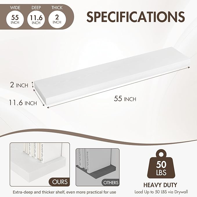 Acovy 55 Inch Floating Shelves, 12" Deep Floating Shelf Wall Mounted, 55" Wall Shelves, Rustic Deep Bookshelf, Extra Deeper & Thicker Display Shelves for Bedroom, Living Room, White, Set of 2