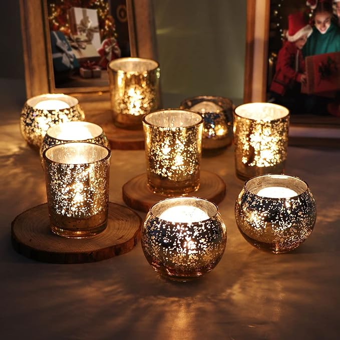 DEVI 24pcs Assorted Gold Votive Candle Holders, Mercury Glass Candle Holder, Diwali Decorations, Gold Wedding Centerpieces for Tables, Bridal Shower Party Table Decorations