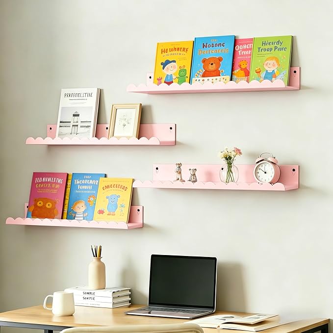 24 Inch Nursery Book Shelves Set of 4, Pink Metal Floating Shelves for Wall, Scalloped Cloud Book Shelf for Kids Room, Bathroom, Bedroom, Playroom Wall Decor & Storage