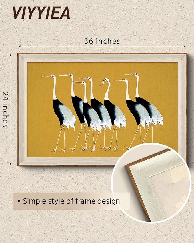 VIYYIEA Framed Wall Art for Living Room, Cranes Canvas Prints, Vintage Home Decor, Animals Oil Painting Picture, Bathroom Wall Decor Gifts for Friends or Family -【Seven Cranes】-(36L x 24W)