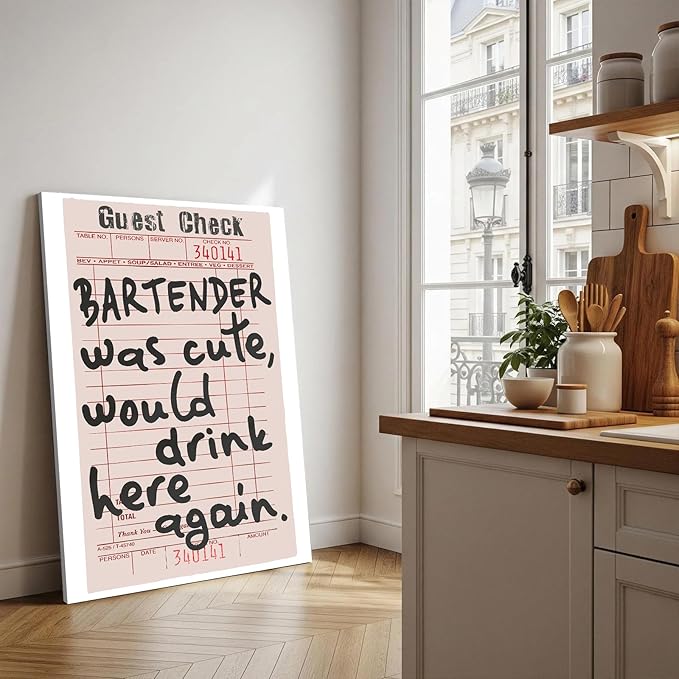 Framed Fun Bar Canvas Wall Art Bar Cart Accessories and Decor Trendy Preppy Black White Retro Guest Check Wall Decor Vintage Canvas Artwork for Home Kitchen Wall Decoration 16x24inch, Ready to Hang