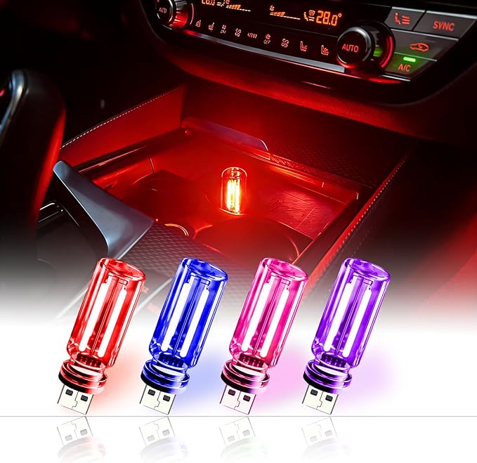 4 Pack USB Ambient Light Set,Mini Vintage Glass USB Night Lights with Touch Control & Dimmable, Plug in Car Interior Atmosphere Lamp for Bedroom,Laptop,Portable Mood Lighting(Red Blue Purple Pink)
