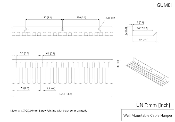 Steel Wall Mount Cable Hanger Cord Rack Organizer Cable Holder Cable Storage with 19 Cable Slots Width from 5.5 to 9.5mm for Cord Management (18MCBH)