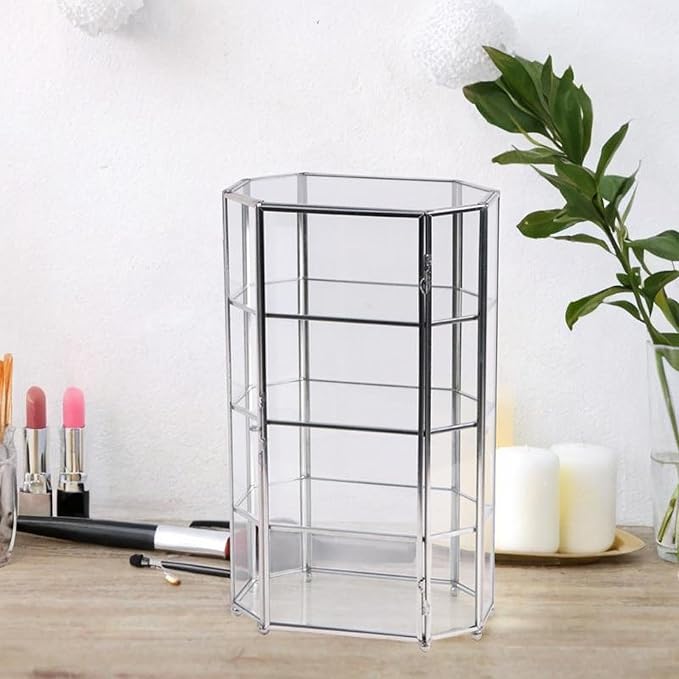 Vaveren Desktop Glass Makeup Storage Box with 4 Layers Trinket Earring Ring Holder Brass Frame Cosmetic Organizer for Bathroom Vanity