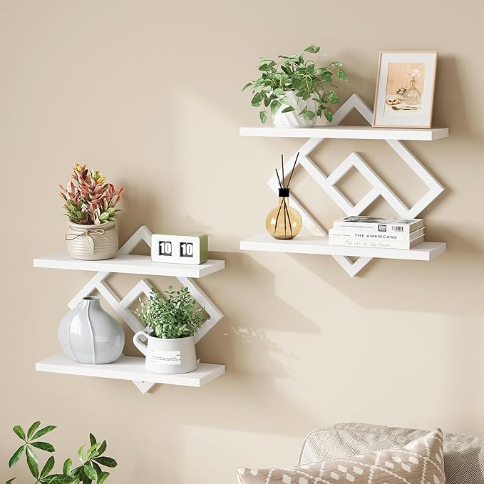ELYKEN Floating Shelves for Wall, Set of 2 Hanging Shelves, 2-Tier Wall Mounted Storage Shelves for Books & Decor, Perfect for Living Room, Bedroom, Kitchen, Home Office, Study, White