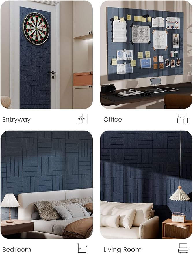 Bumusty Large Cork Board Alternative-48 x 36" Felt Bulletin Board Tiles, with 30 Pushpins, 70 Adhesive Tabs, Bold-Stripe 12-Pack, Cork Boards for Office Push Pin Board Felt Board-Navy Blue