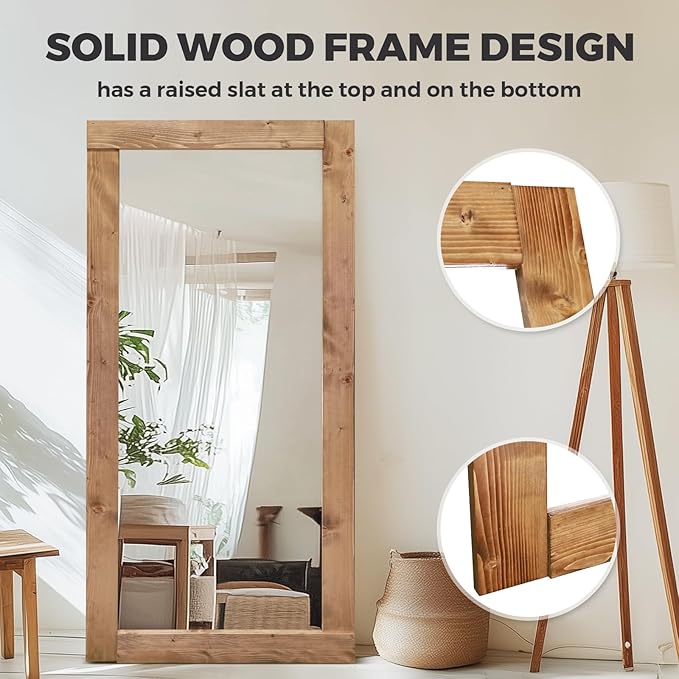 Full Length Mirror 71"x32" – Solid Wood Frame, HD Tempered Glass, Wall Mounted & Leaning, Rustic Modern Decor for Bedroom, Living Room, Entryway, Light Brown