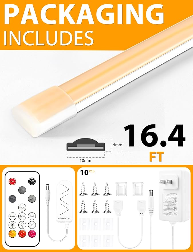 Lamomo COB LED Strip Lights Pro, 16.4Ft Warm White Dimmable Self-Adhesive Led Rope Light with Remote, Flexible Cuttable Waterproof 3000K Silicone Neon Tape Lights for Bedroom, Indoor, Outdoor,Cabinet