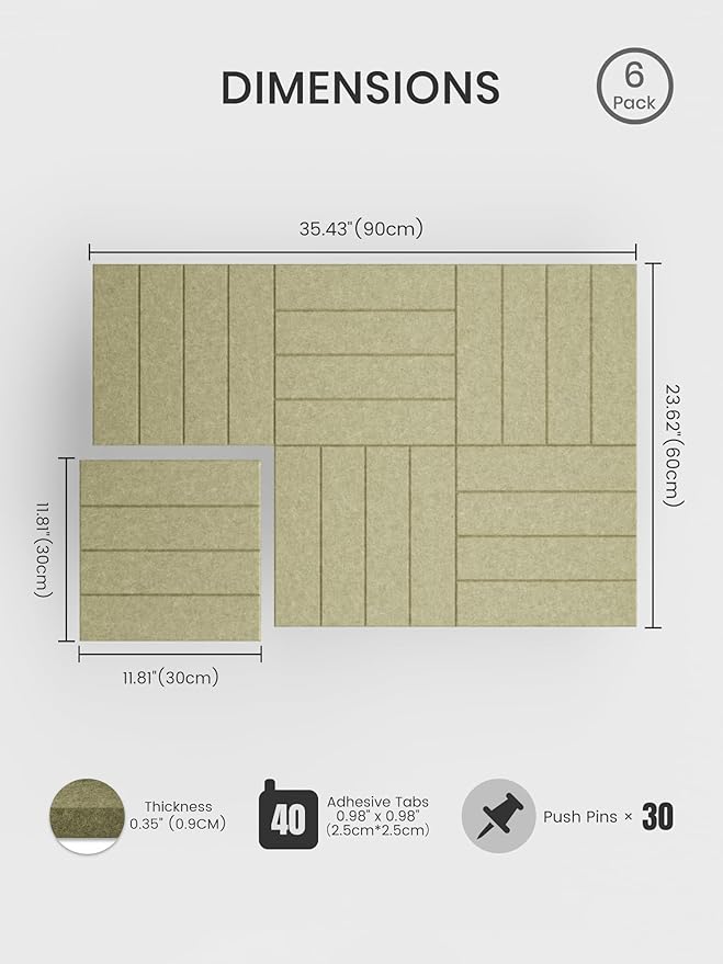 Bumusty Large Cork Board Alternative-36 x 24" Felt Bulletin Board Tiles, with 30 Pushpins, 40 Adhesive Tabs, Bold-Stripe 6-Pack, Cork Boards for Office Push Pin Board Felt Board-Olive Green