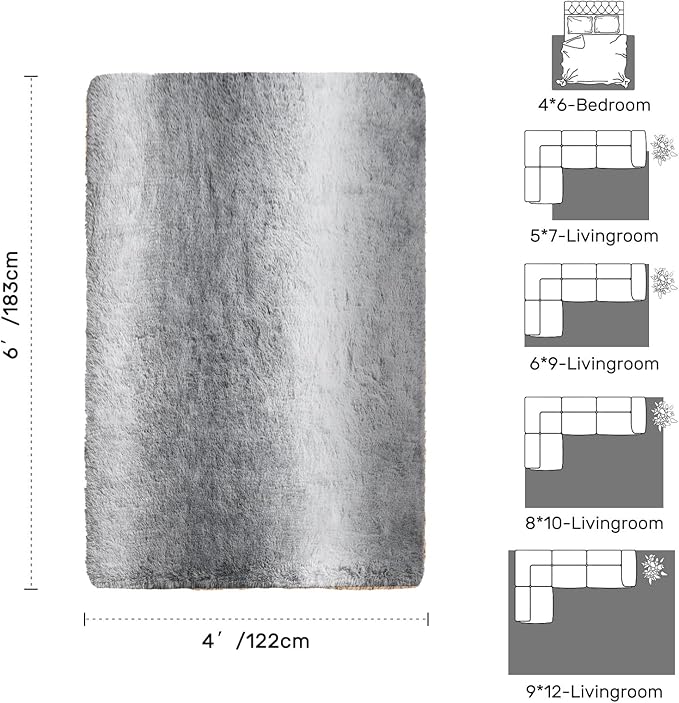 4x6 Feet Area Rugs for Bedroom,Gradient Grey Plush Fluffy Shaggy Living Room Rugs Non-Slip, Ultra Soft Carpet for Nursery Kids PlayRoom Dorm Office Indoor