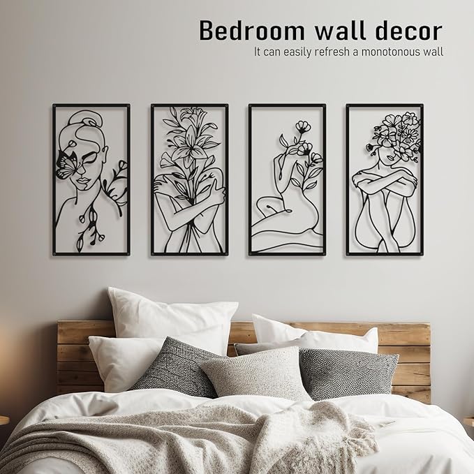 Bakovity Black Metal Wall Art, Abstract Woman Wall Decor, Minimalist Flower Line Decor, Modern Aesthetic Metal Wall Art for Bedroom Bathroom Living Room (4 Pcs, 17 x 9 in)