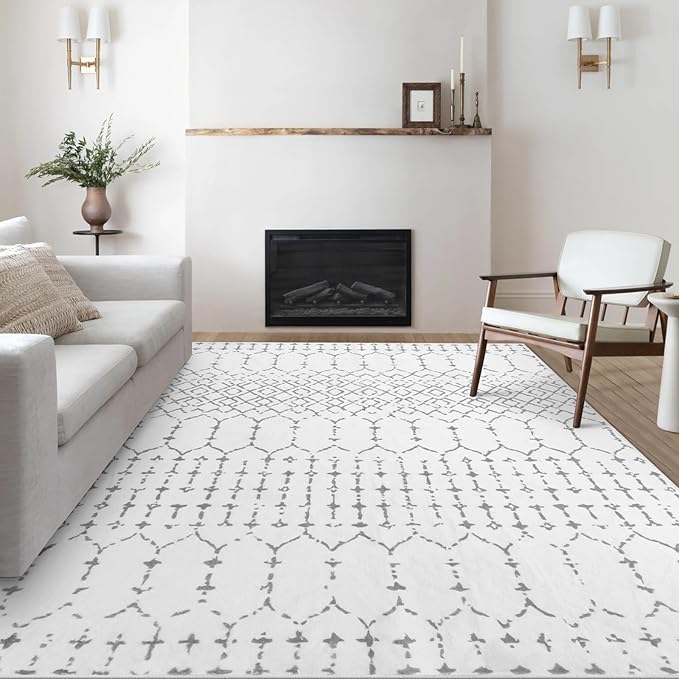 Lahome Moroccan Machine Washable Rugs 6x9 Rug for Living Room Non-Slip Large Area Rug Lightweight Throw Non-Shed Dining Room Rug, Geometric Print White Soft Floor Carpet for Bedroom Classroom Hana