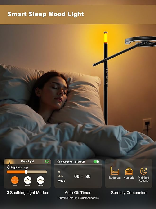 GLOWRIUM Smart Light Therapy Lamp, 10000 Lux UV-Free Sun Lamp, 2700-6500K Floor Lamp Therapy Light, Stepless Dimmable Energy Sunlight with App & Remote, Timer, Cozy Light Settings for Winding Down