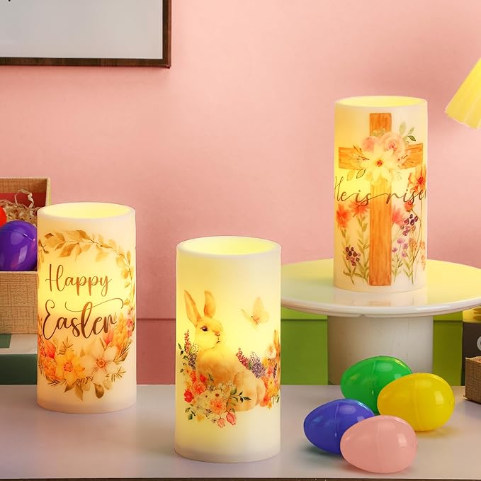 Retisee 3 Pcs Easter Flameless LED Candles Battery Operated Bunny Flower Spring Flickering Pillar Candles with Remote Rabbit Happy Easter Centerpiece for Bedroom Living Room Dinner Table Decoration