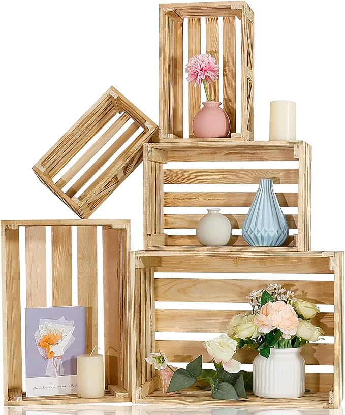 Wooden Crates for Display 5 Pack Wood Storage Crate for Home Rustic Nested Crates with Handles, Farmhouse Wooden Basket for Storage Container and Decorations XL