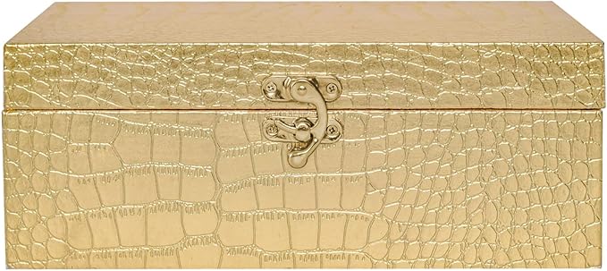Set of 2 Wooden Decorative Nesting Storage Boxes, Gold Crocodile Leather with Clasp for Home Kitchen Living Room, Ideal Gift for Wedding Memories Jewelry Trinket