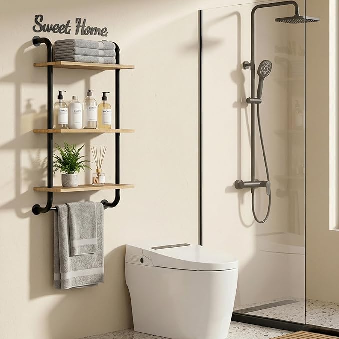 Tinpin Bathroom Shelves Wall Mounted, 3-Tier Rustic Wood Wall Shelf, 17.3 inch Industrial Pipe Floating Shelf for Bathroom,Kitchen,Bedroom,Living Room,Brown