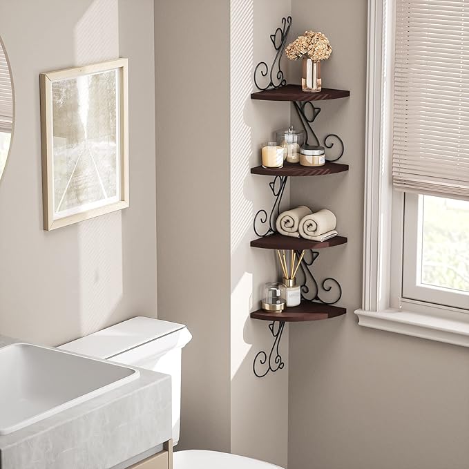 Alsonerbay Corner Shelf Wall Mount, 4 Tier Floating Shelves for Wall, Easy-to-Assemble Wall Shelves Rustic Wood Decor for Bedroom Living Room Bathroom Kitchen Office, Walnut Finish
