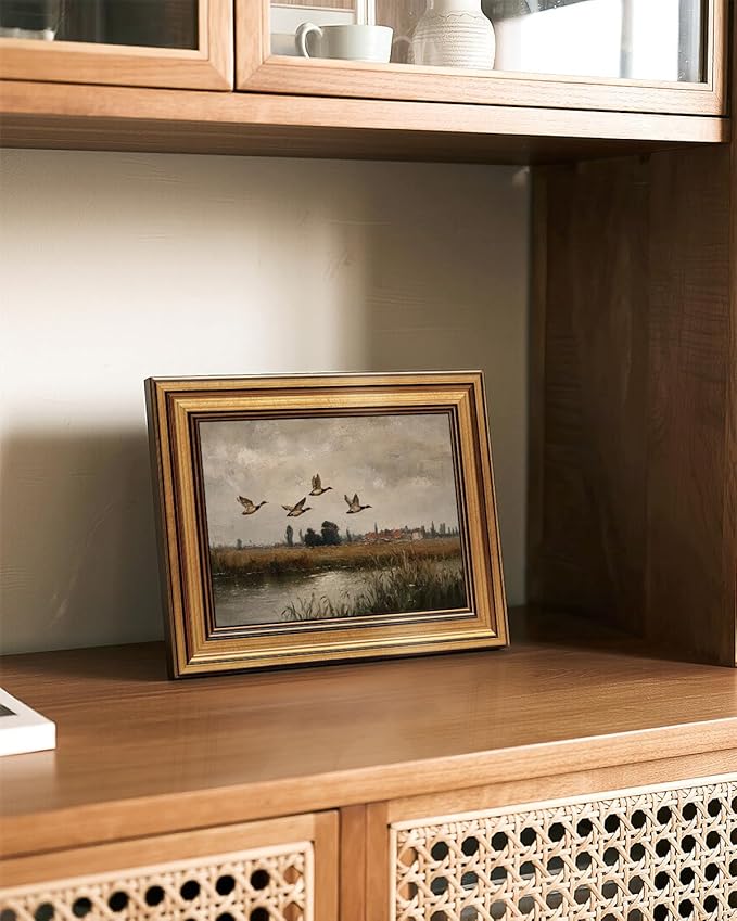InSimSea Gold Framed Canvas Wall Art, Vintage Bedroom Decor, Flying Ducks Landscape Paintings Farmhouse Decor Aesthetic, Small Countryside Prints for Bedroom Living Room Shelf Gift, 8x10inch