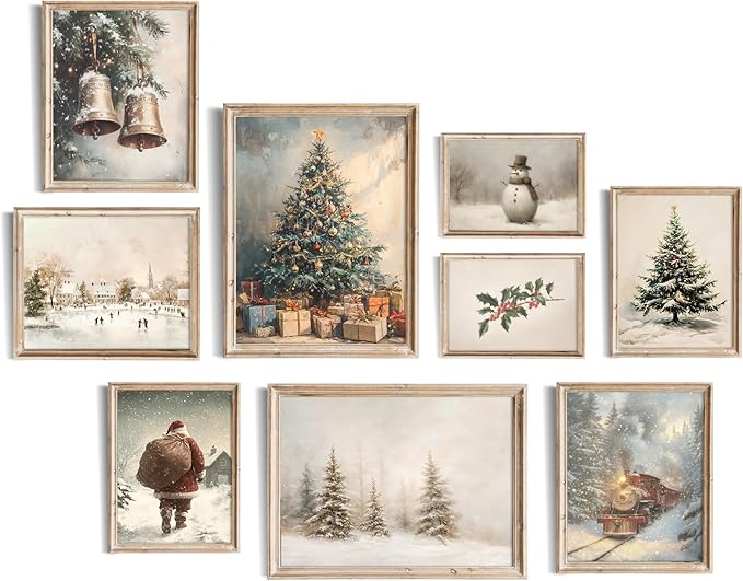 uniro Christmas Wall Art Prints, Vintage Christmas Decor, Farmhouse Winter Holiday Canvas Art Prints, Snowman Pine Tree Santa Claus Forest Landscape Xmas Poster Set, Rustic Christmas Picture Wall Decor for Bedroom, Living Room, Gallery, Winter Room Dec...