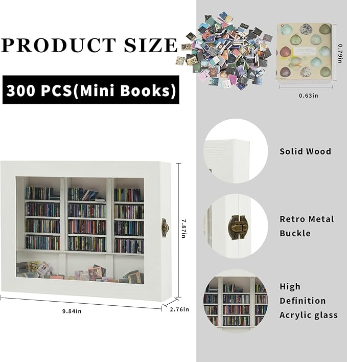 Anxiety Bookshelf - Shake Off Your Anxiety,Miniature Display Shelf,Contains 200 Miniature Book Models,Antique Style Gift Decoration Mini Bookshelf (White)